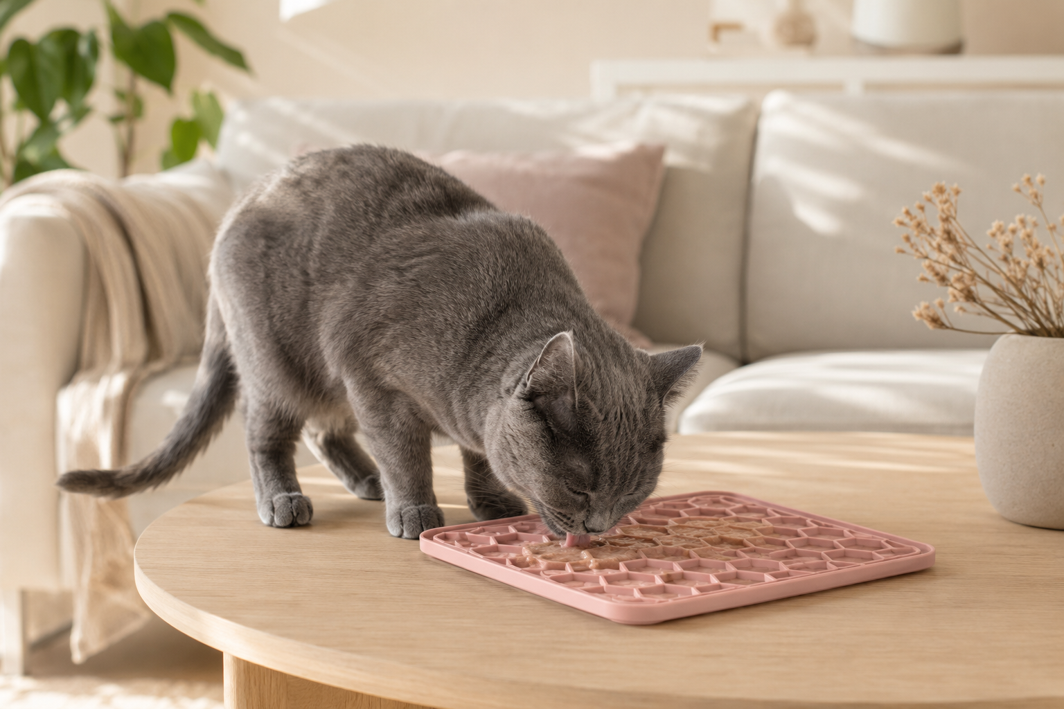 Katt som slickar på Tassiq Slickmatta i terrakotta